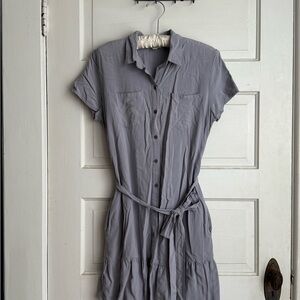 Grayish/Purple Button-Up Shirt Dress with Pockets